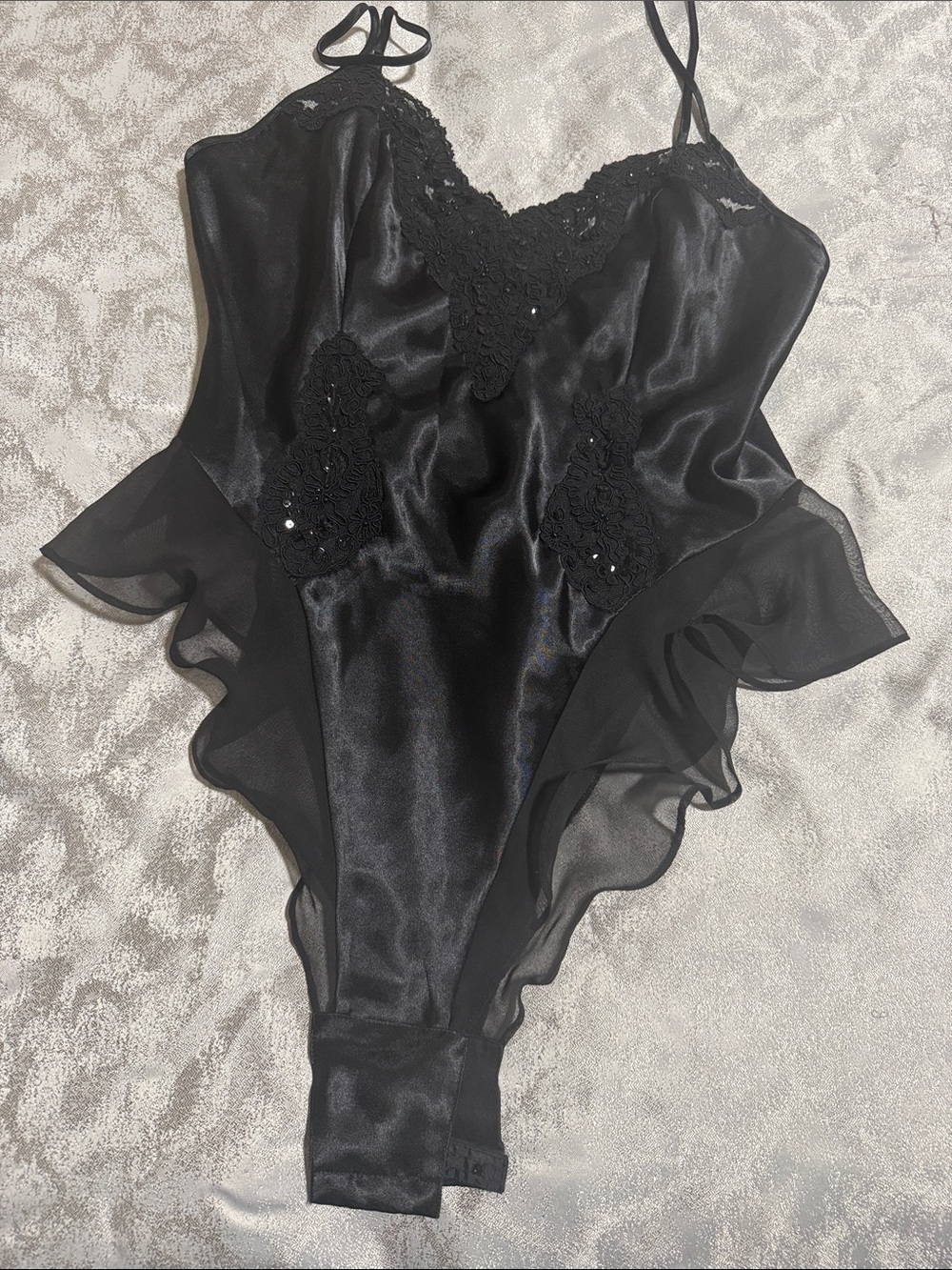 Victoria's Secret Black Satin Lace Ruffle-Trim Bodysuit